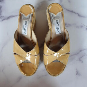 Jimmy Choo Shoes Womens Size 39 Beige Patent Wedge Espadrille Sandals Italy